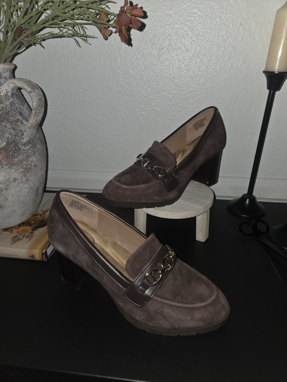 Giani Bernini Dark Brown Suede Chain-Trim Block Heel Loafers